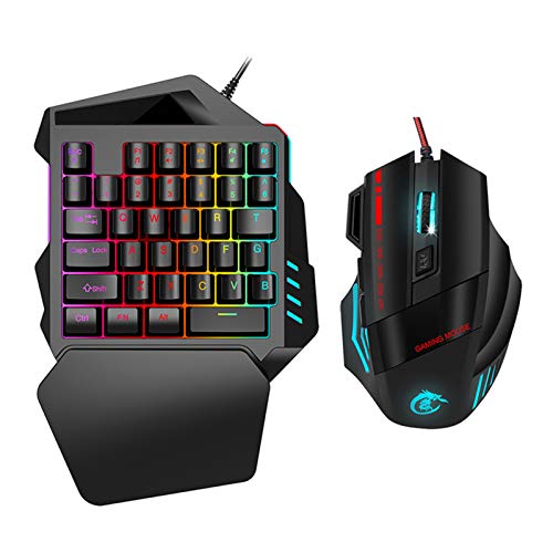 Einhand-Gaming-Tastatur-Mausset, J50 35Keys USB-kabelgebundene Einhand-Gaming-Maus-Tastaturkombination mit bunter LED-Hintergrundbeleuchtung, FN-Multimedia-Tastenkombinationen