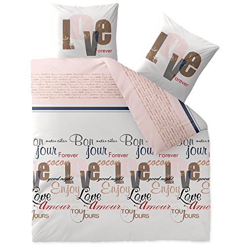 CelinaTex Touchme Biber Bettwäsche 200 x 220 cm 3teilig Baumwolle Bettbezug Jana Wörter Streifen weiß rosa braun