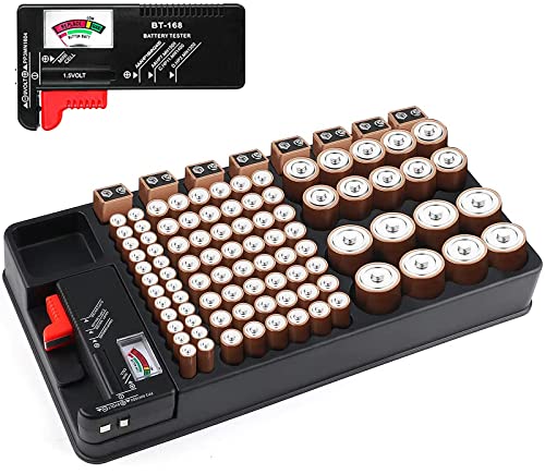 Batterie Organizer, Batterie Aufbewahrungskoffer für 110 Batterie-Steckplätze unterschiedlicher Größe für AAA-, AA-, 9V-, C-, D- und Knopfbatterien mit herausnehmbarem Batterietester von Makerfire