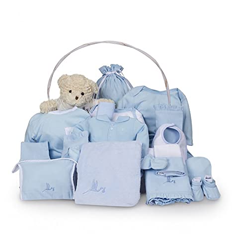 BebeDeParis. Das exklusivste und luxuriöseste Geburtsgeschenk. Ein traumhafter klassischer Korb, gefüllt mit praktischen Produkten für das Baby. Blau. (3-6 Monate)