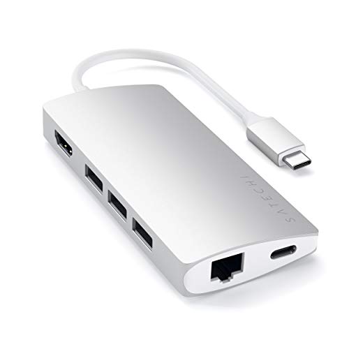 SATECHI Multiport-Adapter V2 aus Aluminium mit 4K HDMI (30 Hz), Gigabit Ethernet, USB-C Ladefunktion, MicroSD/SD-Kartenleser, USB 3.0 Ports (Silber)