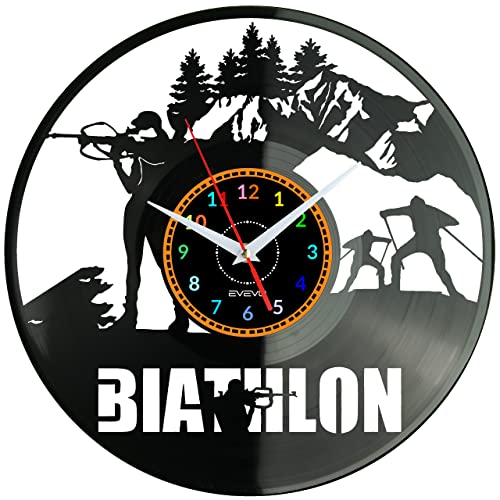 EVEVO Biathlon Wanduhr Vinyl Schallplatte Retro-Uhr Handgefertigt Vintage-Geschenk Style Raum Home Dekorationen Tolles Geschenk Uhr Biathlon