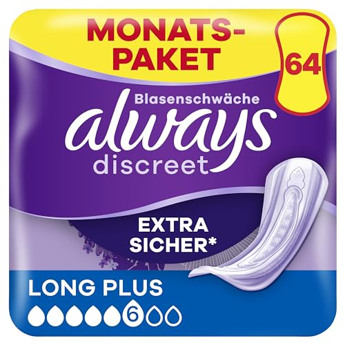 Always Discreet Inkontinenz-Einlagen+ Long Plus Monatspaket bei Blasenschwäche, 64 Einlagen (4 Packungen x 16 Stück)