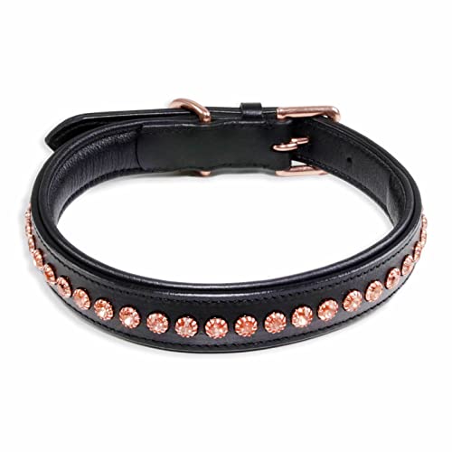 Monkimau Halsband Hund echt Leder Hunde Halsbänder schwarz mit Rosegold Kristallen Lederhalsband verstellbar Dog Collar Hundehalsband (M: 20mm x 55cm)