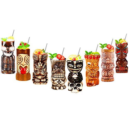 NUACOS Tiki Becher,Tiki gläser Set,Cocktail Becher,8-teiliges Cocktailgläser-Set,Tiki barzubehör,Hawaii-Party für Premium Tropische Tassen Getränke für exotische Party