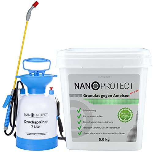 Nanoprotect Granulat gegen Ameisen | 5 kg + Drucksprüher | Streu- und Gießmittel | Sofort- und Langzeiteffekt | Ameisenabwehr Innen und Außen | Geruchloses Ameisengift
