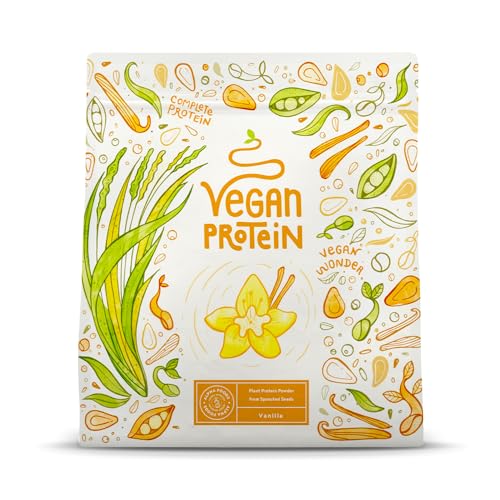 Vegan Protein - VANILLE - Pflanzliches Eiweißpulver mit Reis-, Soja-, Erbsen-, Chia-, Sonnenblumen- und Kürbiskernprotein - 600g Proteinpulver