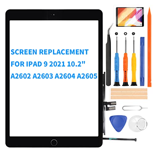 Ersatzdisplay für iPad 9 (9. Generation) für iPad 10.2 2021 Touch Glas Panel Digitizer Modell A2602 A2603 A2604 A2605 Komplettes Reparaturset + Home-Button mit Displayschutz Glas + Werkzeug (schwarz)