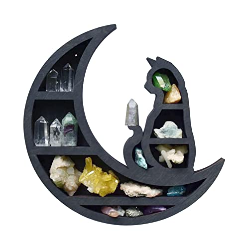 Sunnyushine Moon Regale, Wandregal aus Holz, Katze im Mond-Kristallregal, Art Gothic Witchy Room Ornaments, Kristall-Display-Regal für kleine Pflanzen mit ätherischen Ölen