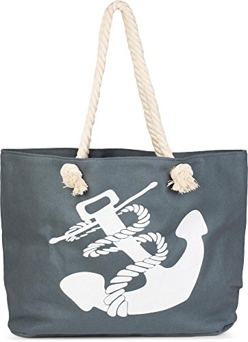 styleBREAKER Strandtasche in Flecht Optik mit Anker Print, Shopper, Badetasche, Damen 02012077, Farbe:Dunkelgrau-Weiß