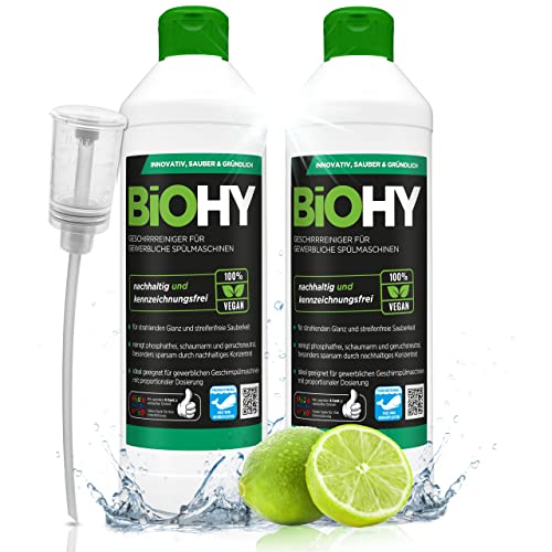BiOHY Geschirrreiniger für gewerbliche Spülmaschinen (2 x 500ml) + Dosierer | Maschinenspülmittel für Geschirr |ergiebig, flüssig & phosphatfrei | Geschirrspülmittel für Gastro & Gewerbe