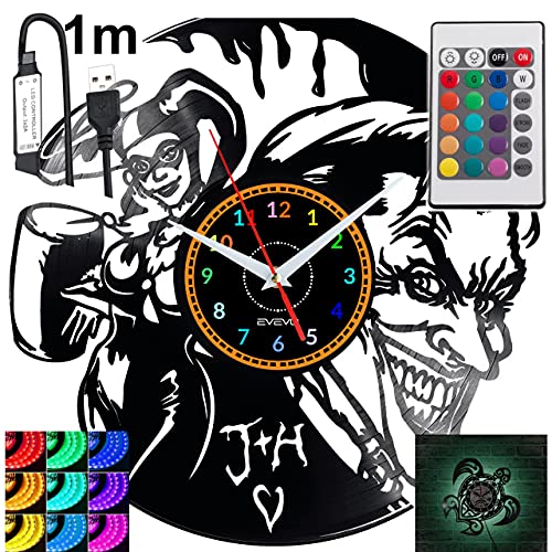 EVEVO Joker and Harley Quinn RGB LED Pilot Wanduhr für Fernbedienung Schallplatte Modern Dekorativ für Geburtstagsgeschenk Tolles Geschenk Uhr
