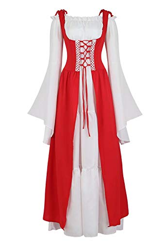 Josamogre Mittelalter Kleidung Damen Kleid renaissance mit Trompetenärmel Party Kostüm bodenlang Vintage Retro costume cosplay Rot L
