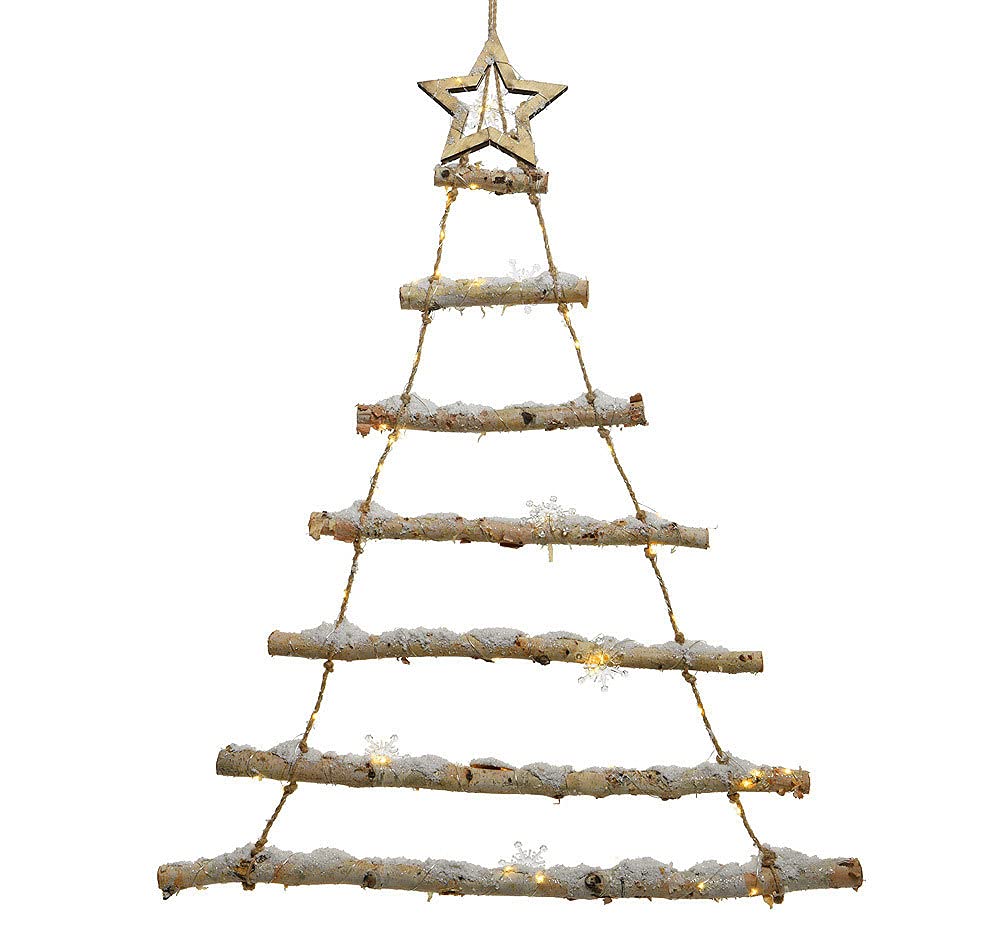 zeitzone LED Weihnachtsbaum Birke mit Schnee Beleuchtet Holzleiter Tannenbaum Timer 98cm