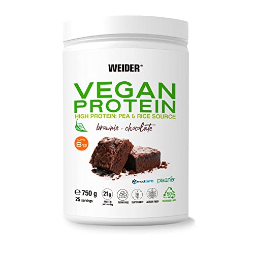 Weider Veganes Protein (750g) Brownie-Geschmack. 21g Protein/Dosis, Erbsenisolat (Pisane) & Reisproteine. Mit Vitamin B12 und Stevia. Glutenfrei, zuckerfrei. Verpackung 50% Recycelt, 100% Recycelbar