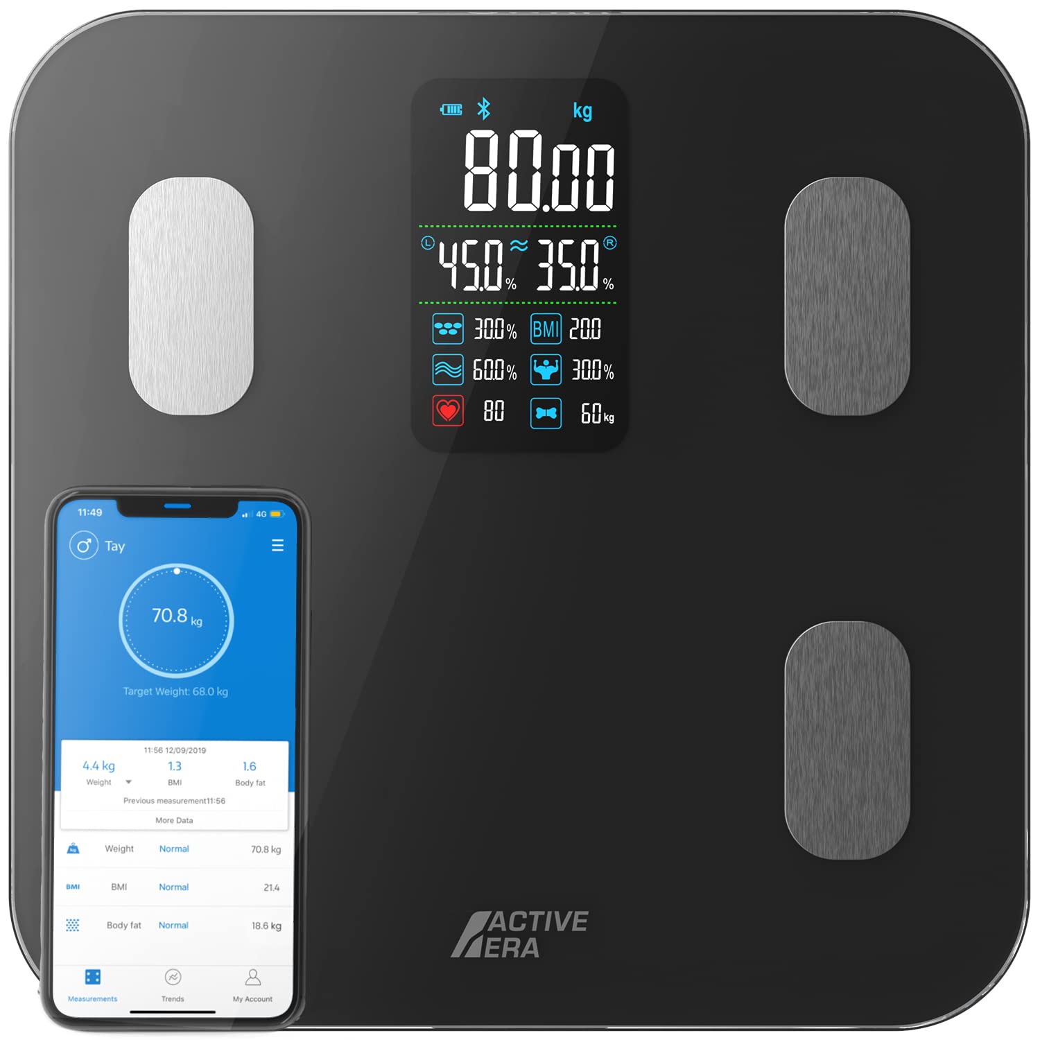 Active Era Bluetooth Personenwaage digital mit großem LED Display - Bluetooth Körperfettwaage mit 16 Messungen, hoch präzises Körpergwicht, Body-Mass-Index (BMI), Freie Smartphone App (Schwarz)
