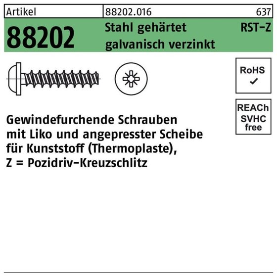 Gewindefurchende Schrauben ART 88202 RST mit LIKO & Pozidriv Z 2,5 x 8 -Z Stahl