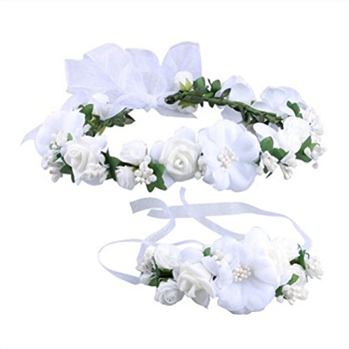 Frcolor Blume Krone Stirnbänder, Blumenkranz Garland Stirnbänder Haar Kranz mit Blume Armband für Hochzeit Festival Party (weiß)