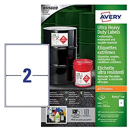 Avery B3655-50 A4 Ultra robuste Wasserdicht GHS Etiketten, bs5609 zertifiziert, für alle Drucker, 148 x 210 mm, weiß