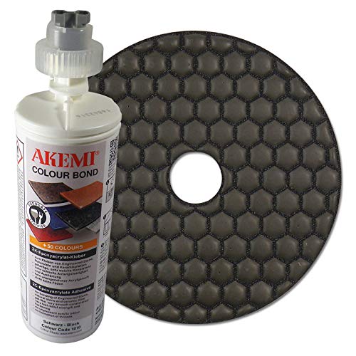 AKEMI Kombiset: AKEMI Colour Bond 2K-Epoxyacrylat-Kleber, schwarz, 250 ml + Diamant Schleifpad 100 mm, Körnung Polierer, für Trockenschliff