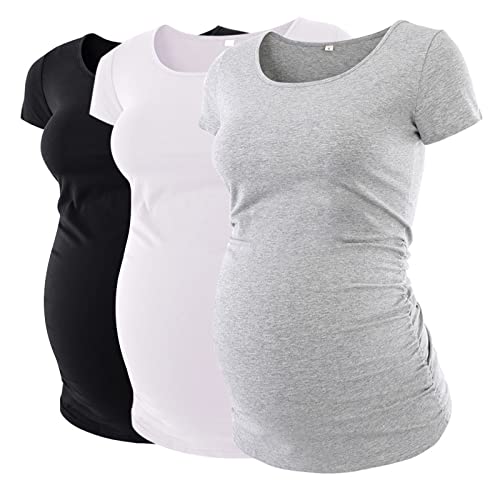 Love2Mi 3 Pcs Kurzarm Umstandsshirt Umstandsmode Tshirt Einfarbig Schwangerschafts Kleidung, Schwarz Weiß Grau L