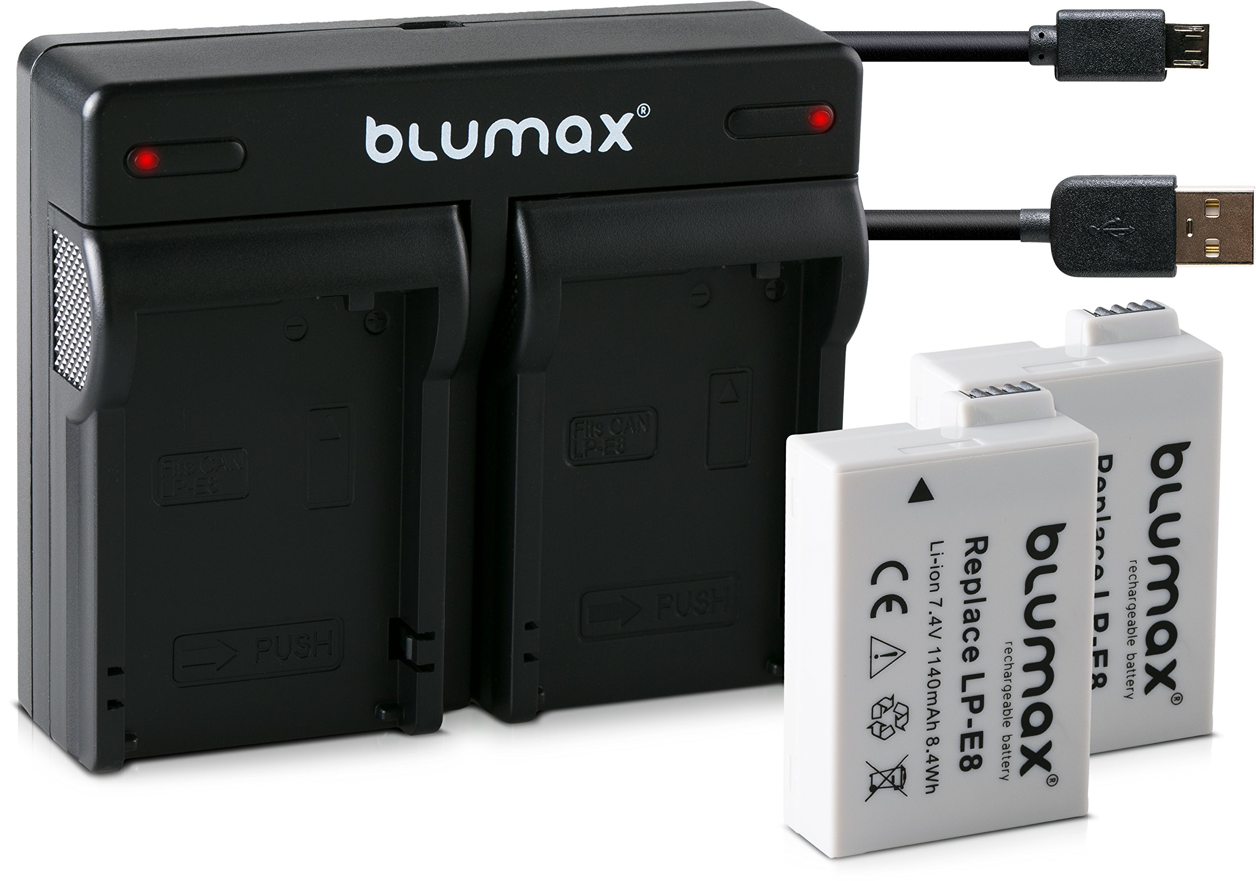 Blumax 2X Akku 1140mAh für Canon LP-E8/LPE8 + Mini Dual-Ladegerät für Canon EOS 550D 600D 650D 700D