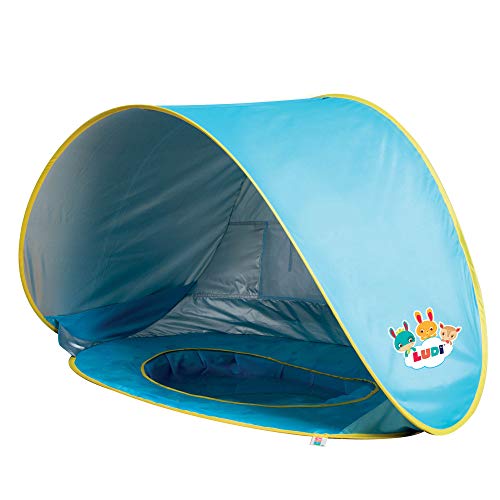 Multifunktionales Schwimmbad von Ludi | aus Stoff mit UV 50 Schutz - von Geburt an - Zelt bestehend aus Schwimmbad mit Netz, Markise und Handtuch | Strandzelt