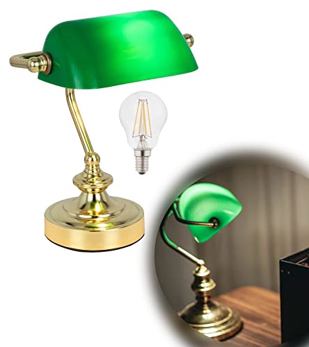 bmf-versand® Bankerlampe Grün Messing Retro - Kleine Schreibtischlampe Grüner Lampenschirm - Banker Tischlampe Büro - Schreibtischleuchte Leuchtmittel LED - Bürolampe Schreibtisch Höhe 24 cm