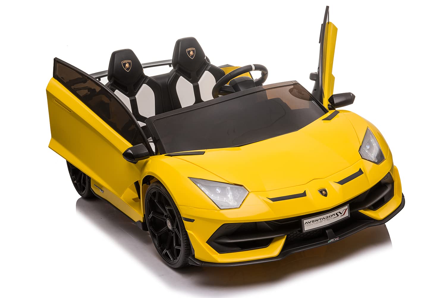 Kinderfahrzeug - 2 Sitzer Elektro Auto Lamborghini Aventador SVJ Doppelsitzer - lizenziert - 12V7AH, 2 Motoren- 2,4Ghz Fernsteuerung, MP3, Ledersitz+Eva+Lackiert (Gelb)
