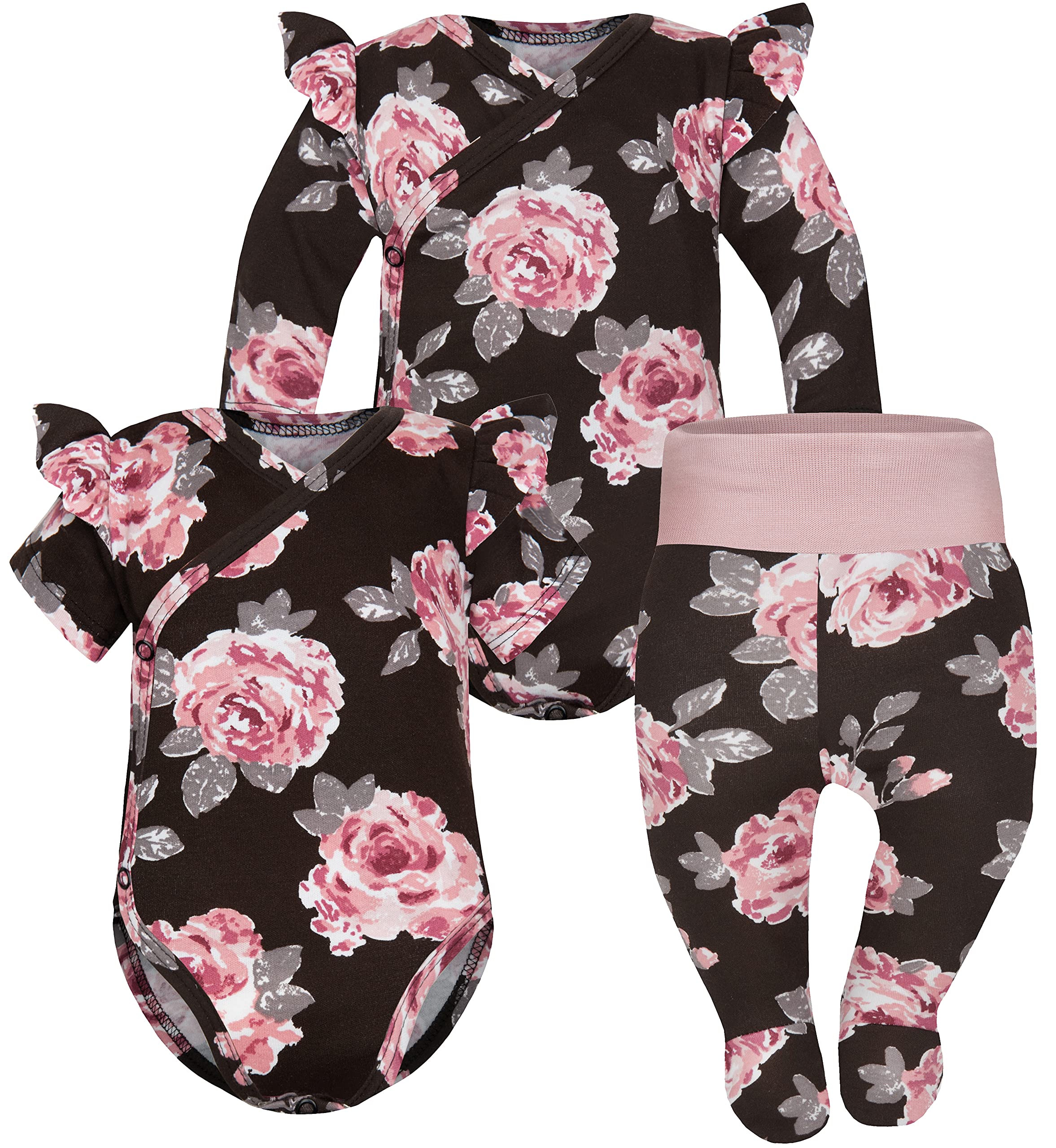 Sibinulo Mädchen Jungen Body mit einem Rüschen Langarm + Kurzarm + Strampler mit Füßen Babykleidung Set Größen 0-1 Monate, braune Rose 56