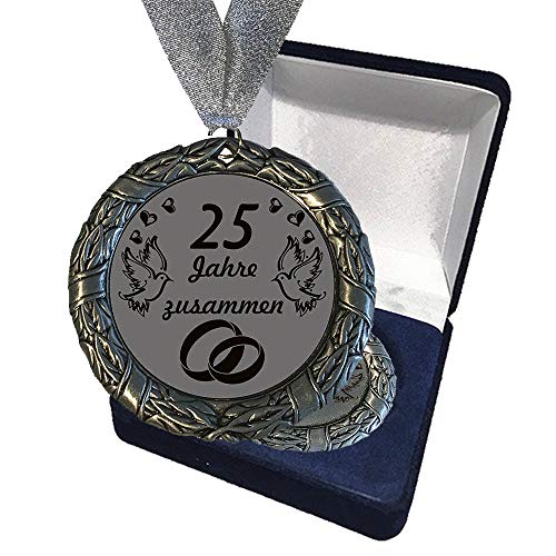 Larius Group Medaille Orden 25 Jahre zusammen BZW Wunschtext Silberhochzeit Jubilar Namenstag (mit Halsband UND Schachtel)