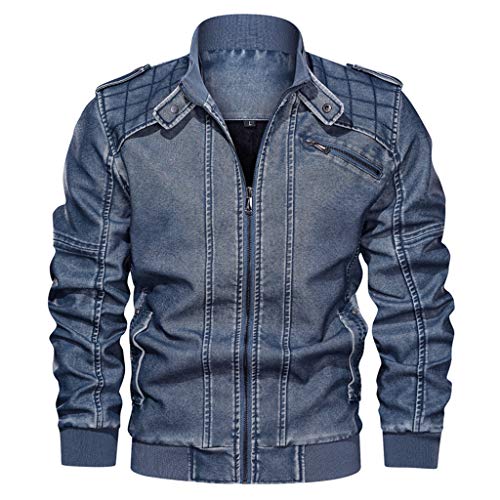 Übergangsjacke Herren Herrenjacke Jacke Jeansjacke Big Size Solid Causal Washed Lederjacke mit Stehkragen (XXL,1- Blau)