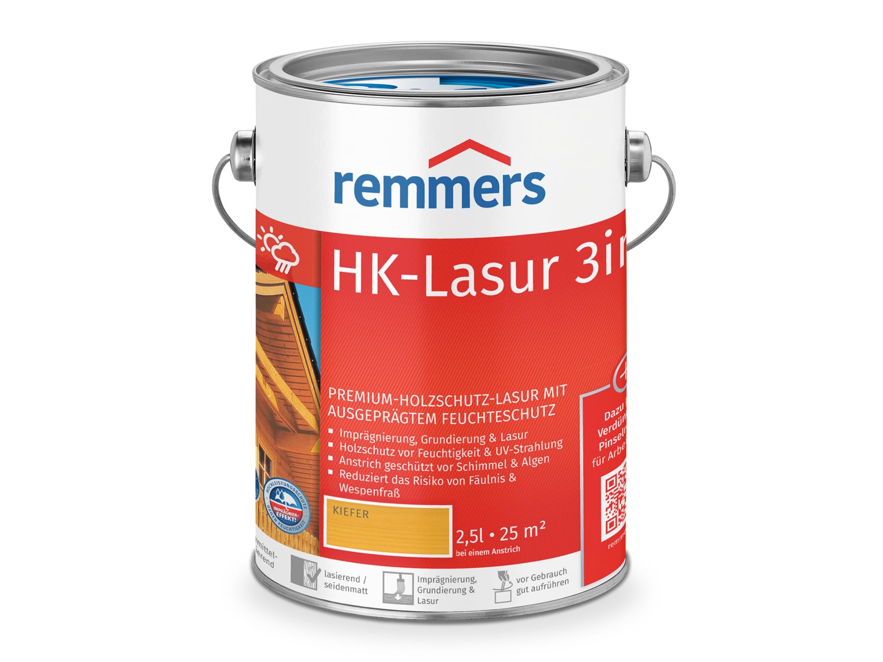 Remmers HK-Lasur 3in1 kiefer, 2,5 Liter, Holzlasur aussen, 3facher Holzschutz mit Imprägnierung + Grundierung + Lasur, Feuchtigkeit- und UV-Schutz