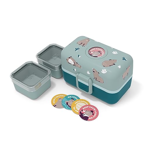 monbento - Kinder Lunchbox MB Tresor Capy - Wasserschwein - Bento Box mit 3 Fächer - Ideal für Mittagessen oder Snacks in der Schule/Park - BPA Frei - Lebensmittelecht - Blau Grün