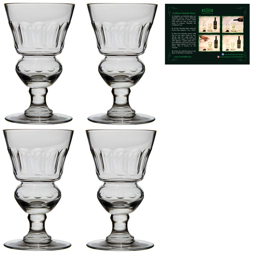 ALANDIA Absinth Glas Set | 4X Mundgeblasene Absinth Gläser mit Reservoir | Inkl. Trinkanleitung