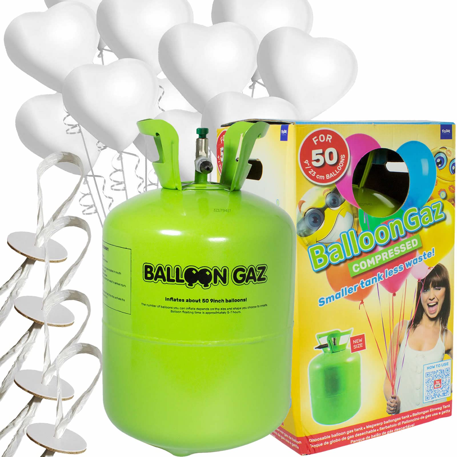 Helium Ballongas + Herzballons + Öko-Ballonbänder | 50er Heliumflasche + Knickventil + 25 Herz Luftballons + 50 Bänder | Herzen Geburtstag Party Hochzeit, Edition: Set mit 25 weißen Herzballons
