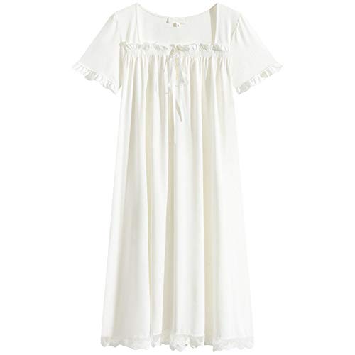 Damen Kurzarm Nachthemd Vintage Spitze Sweet Long Homewear Loose Large Size Nachthemden (Weiß,L)