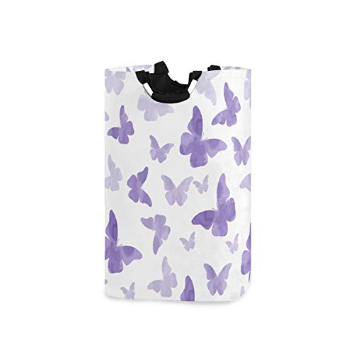 Niedlicher Wäschekorb mit Griffen-zusammenklappbarer Wäschekorb aus Stoff Schmutziger Wäschekorb für Mädchen, Jungen, Aquarell Lila Schmetterlinge