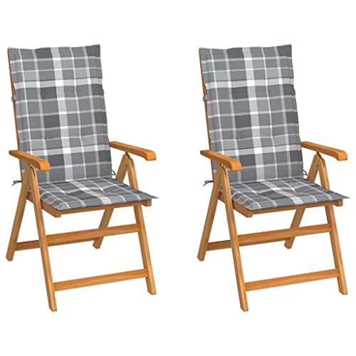 WRJENFSC Esszimmerstühle für die Terrasse Outdoor-Rasenstuhl Bistro-Stuhl Liegestuhl Gartenstühle 2 STK. Graue Karomuster-Kissen Massivholz Teak Geeignet für Rasen, Strand, Swimmingpool, Garten
