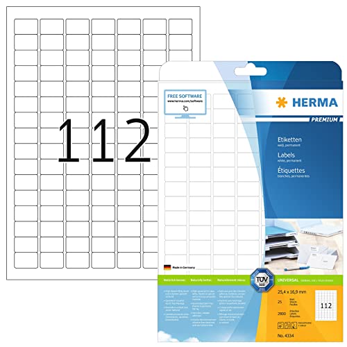HERMA 4334 Universal Etiketten DIN A4 klein, 32er Set (25,4 x 16,9 mm, 800 Blatt, Papier, matt) selbstklebend, bedruckbar, permanent haftende Adressaufkleber, 89.600 Klebeetiketten, weiß