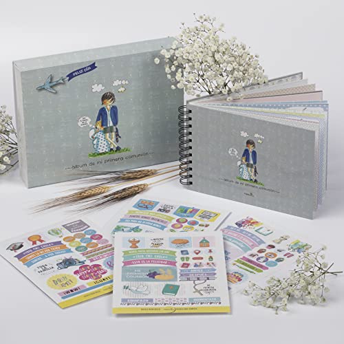 Fotoalbum Kommunionkind | Happymots | 22cm x 15cm | Kinder Kommunion Unterschriftenbuch | Kommt mit Schutzbox | Fotoalbum zum Aufkleben und Beschriften | Set mit dekorativen Aufklebern enthalten