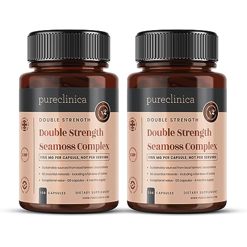 Pureclinica Seamoss-Komplex mit doppelter Stärke – 1155 mg x 240 Kapseln (2 Flaschen à 120 Stück) – Vorrat für 8 Monate – mit 500 mg Seamoss, Blasentang und Klettenwurzel