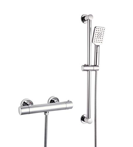 Elbe®Duschamaturenset inkl. Multifunktionaler Duschkopf und Brausestange 65cm und Duschthermostat, verchromte Duschgarnitur, leicht zu reinigende Dusche