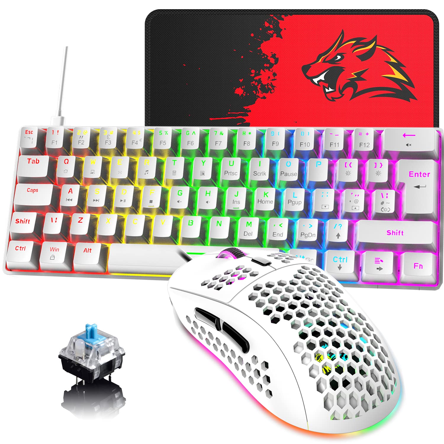 60 % UK-Layout Kabelgebundene Gaming-Tastatur und -Maus 62Keys Mini Compact Mechanical Keyboard, 19 Rainbow Lighting Effect +6 RGB Lighting Effect6400 DPI Leichte Gaming-Maus (weiß/Blauer Schalter)