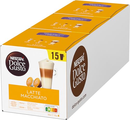 NESCAFÉ Dolce Gusto Latte Macchiato, Vorratsbox, 90 Kaffeekapseln (Aromatischer Espresso, 3-Schichten -Köstlichkeit aus feinem Milchschaum, Aromaversiegelte Kapseln), 3er Pack (3 x 30 Kapseln)