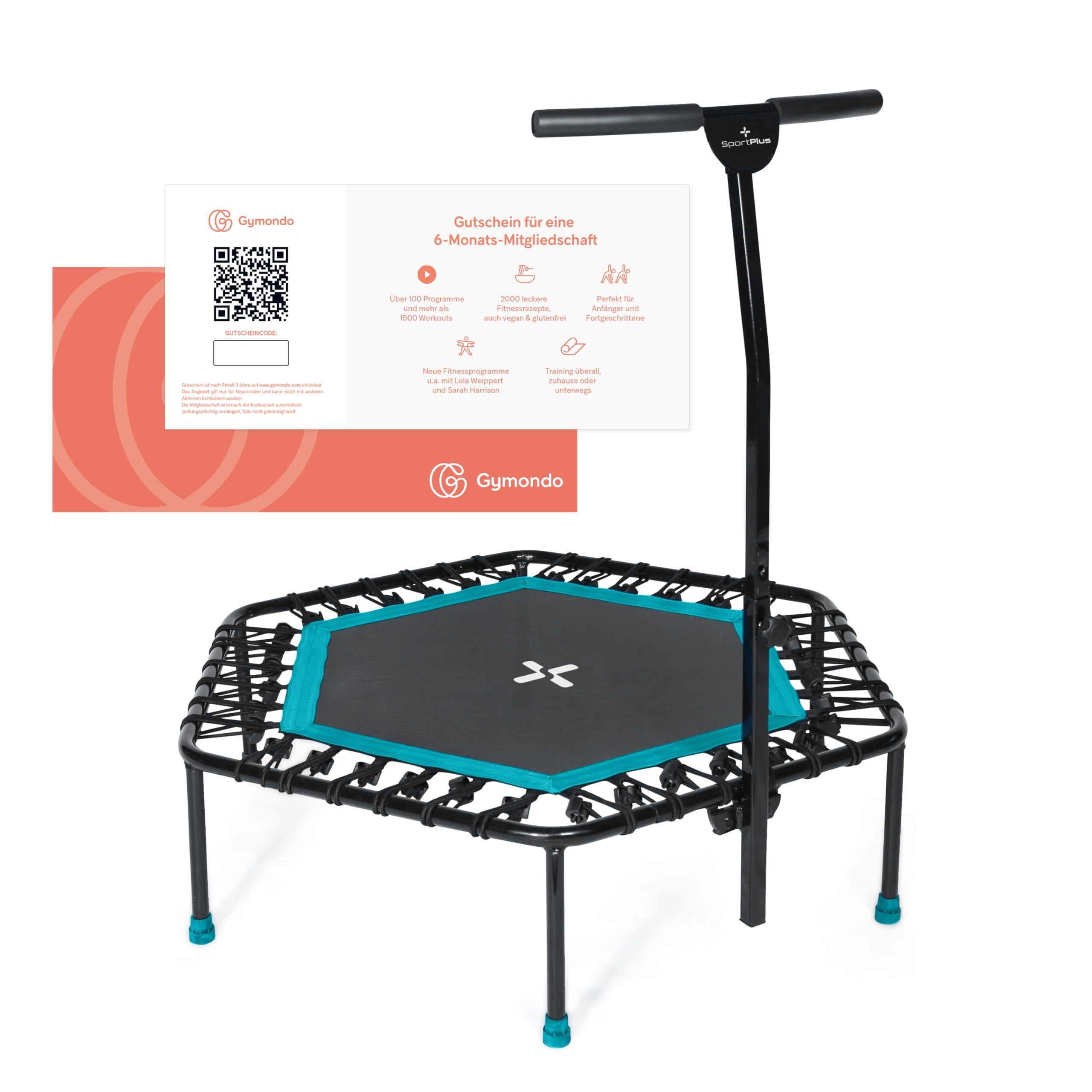 SportPlus Fitness Trampolin für Zuhause Ø 126cm - leise Gummiseilfederung, 5-Fach höhenverstellbarer Haltegriff - Trampolin Indoor bis 130 kg - mit kostenloser Gymondo Mitgliedschaft