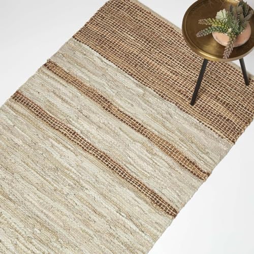 Homescapes Lederteppich braun beige gestreift 160x230 cm, Webteppich Braun-Töne aus Recycling-Leder & Jute