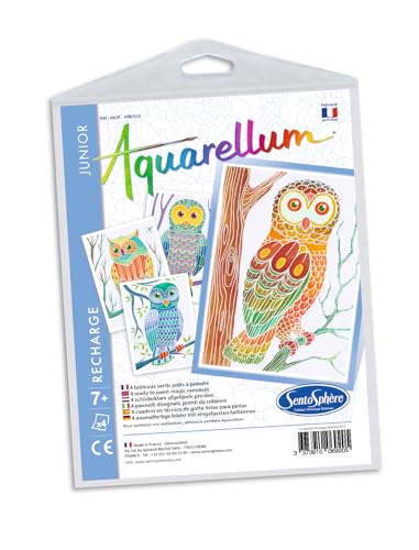 Sentosphère - Nachfüllpackung Aquarellum JUNIOR – Eulen – Nachfüllpackung Aquarellum-Karten – Malset – Magische Aquarellmalerei – ab 7 Jahren – hergestellt in Frankreich