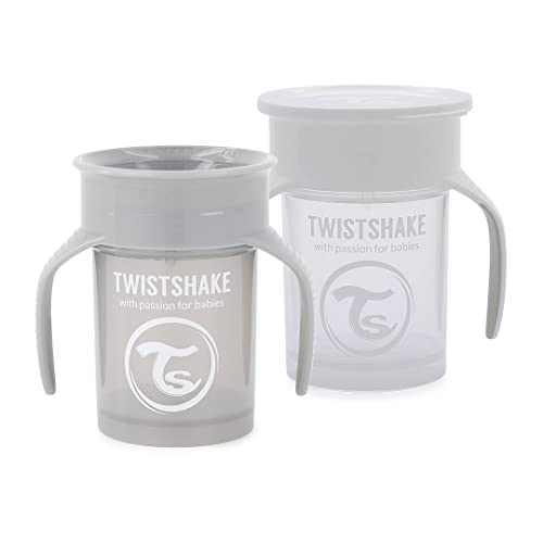 Twistshake 2x Auslaufsicherer Baby 360 Trinkbecher mit Silikondichtung - 230ml | Trainingsbecher für Kinder | Trinkflasche | BPA-Frei | Grau Weiß