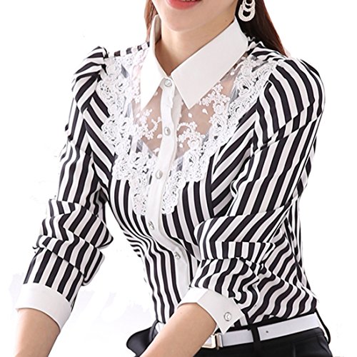 Cheerlife Damen Streifen Bluse mit Spitze Langarmshirt Spitzenshirt Top Shirt Tunika Hemd Slim Fit OL Business 2XL Weiß
